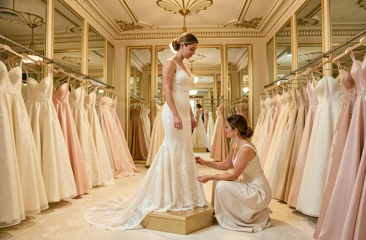 Boutique Noëlle Couture à Metz avec une mariée en robe de dentelle sur un podium d'essayage entourée de robes de cérémonie ivoire et blush dans un cadre Art Déco raffiné
