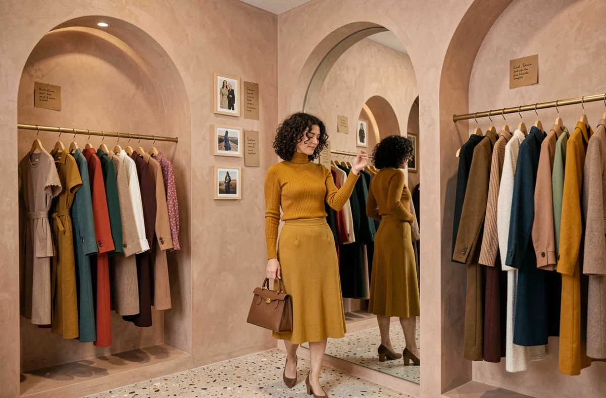 Intérieur épuré de la boutique Oval en Meurthe-et-Moselle avec une femme en jupe moutarde explorant une collection féminine raffinée