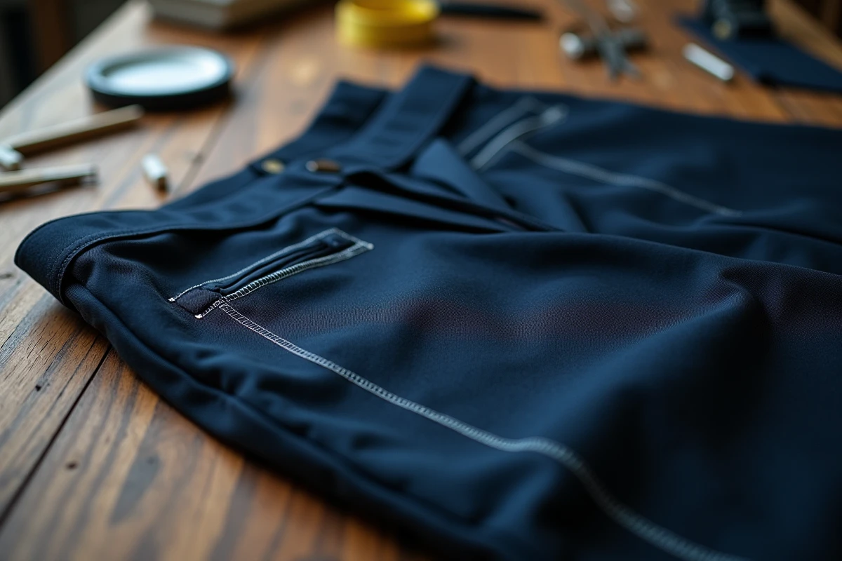 Pantalon de costume marqué à la craie sur table de coupe pour estimation du tarif de retouche
