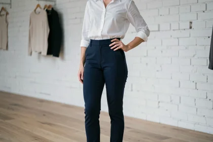 Femme portant un pantalon Halara taille haute slim bleu marine pour une silhouette élancée