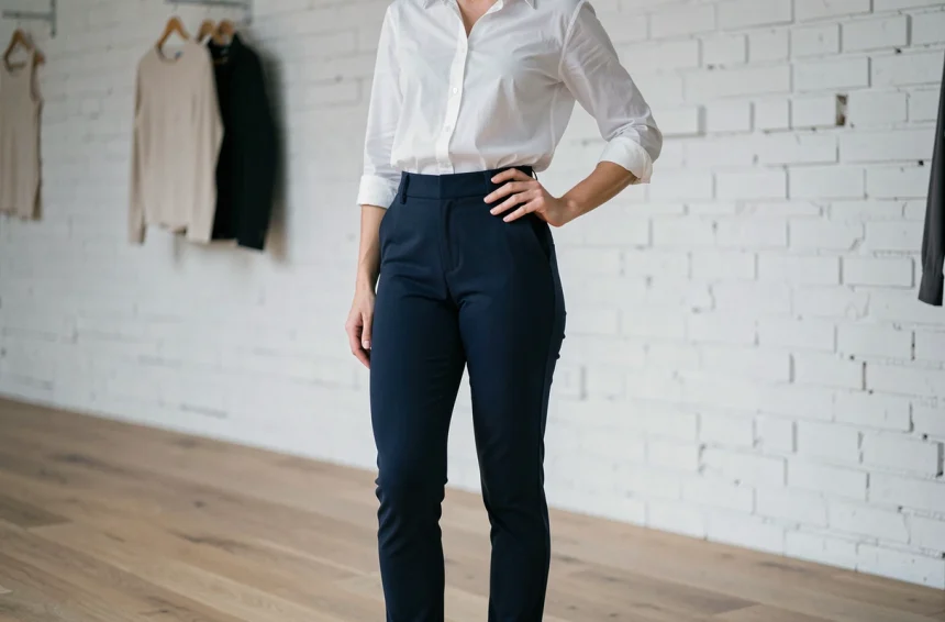 Femme portant un pantalon Halara taille haute slim bleu marine pour une silhouette élancée