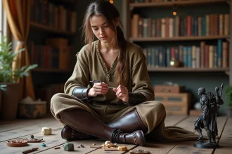 Jeune femme peignant une figurine Dragering dans un cadre cosy