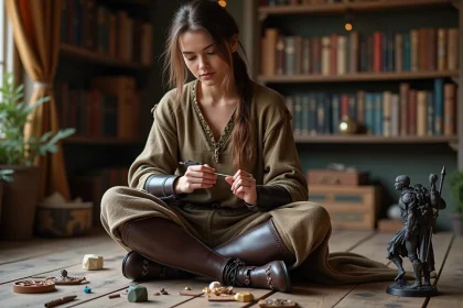 Jeune femme peignant une figurine Dragering dans un cadre cosy