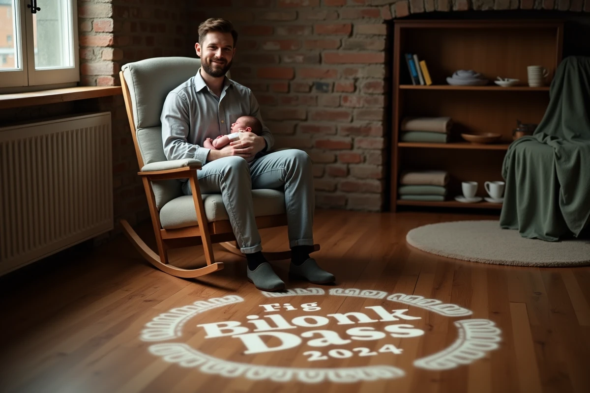 Père avec son nouveau-né dans un fauteuil à bascule avec une projection de date et prénom de naissance
