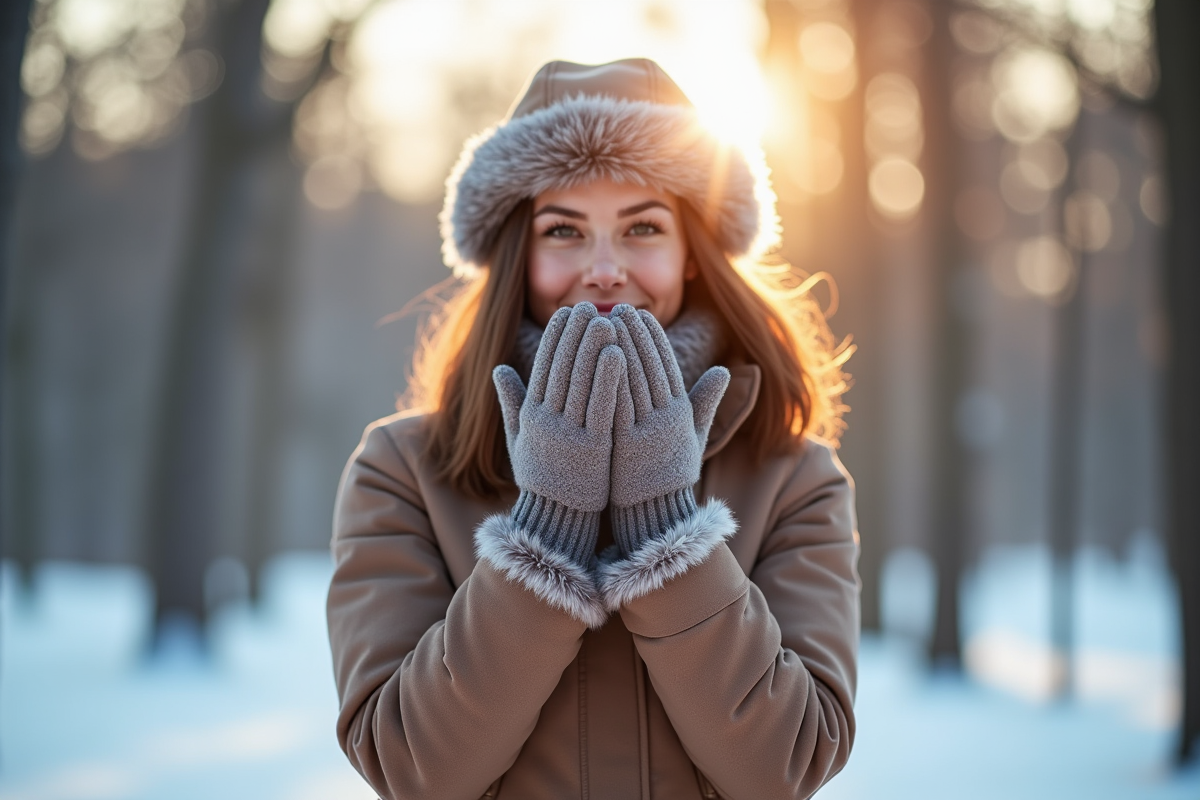 Personne en hiver avec gants chauds dans un parc enneige