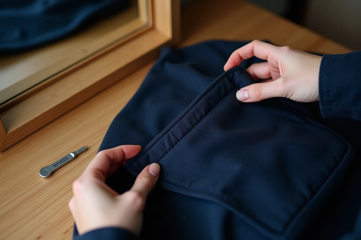 Gros plan sur la poche cousue d'un manteau bleu marine posé sur une table en bois, avec un découseur à côté, illustrant la question d'ouvrir ou non les poches