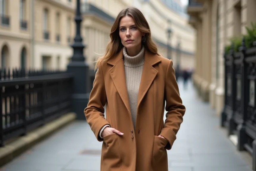 Femme élégante portant un manteau camel aux poches cousues pour un look chic et soigné à Paris