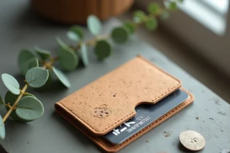 Porte-carte vegan en liège posé sur béton brut avec cartes bancaires et branche d'eucalyptus séchée