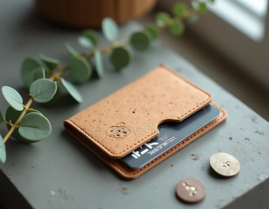 Porte-carte vegan en liège posé sur béton brut avec cartes bancaires et branche d'eucalyptus séchée
