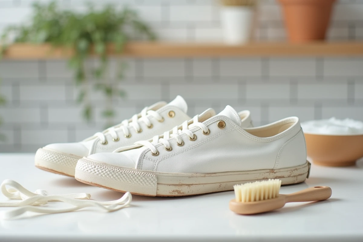 Lacets et œillets retirés d'une paire de converses avant le lavage en machine, posés sur un plan de travail avec une brosse douce