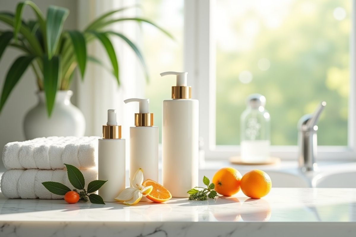 Produits de soin coréens naturels avec botanique sur marbre
