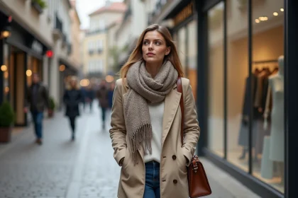 Femme marchant dans un centre commercial de luxe en plein air