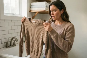 Femme tenant un pull en laine rétréci au lavage dans une buanderie domestique, expression surprise et déçue