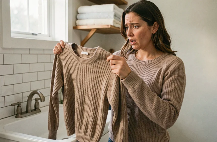 Femme tenant un pull en laine rétréci au lavage dans une buanderie domestique, expression surprise et déçue