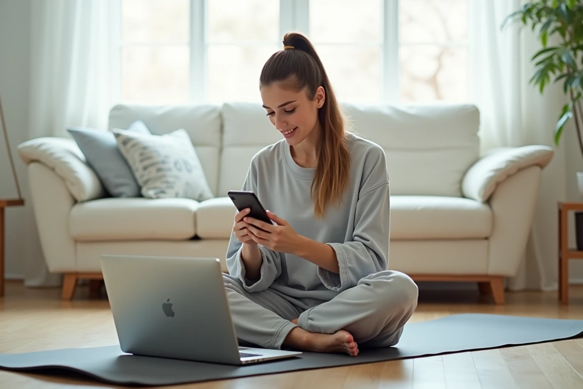 Femme recherchant la marque Halara sur son téléphone avant de passer commande
