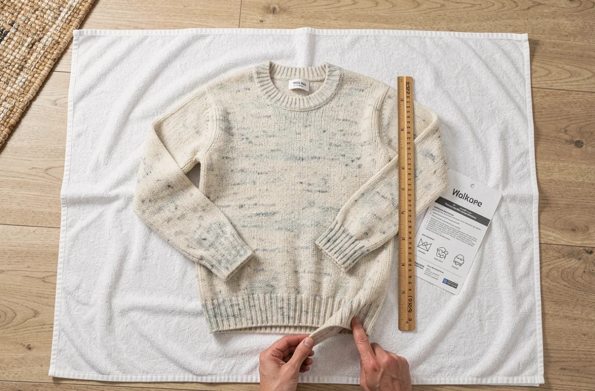 Pull en laine étalé à plat sur une serviette pour être remis en forme après lavage, avec étiquette d'entretien et règle