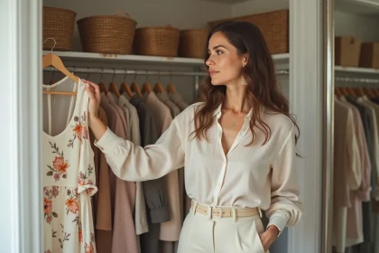 Femme qui repense sa garde-robe en choisissant une robe florale dans un dressing bien organisé