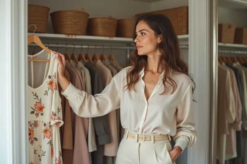Femme qui repense sa garde-robe en choisissant une robe florale dans un dressing bien organisé