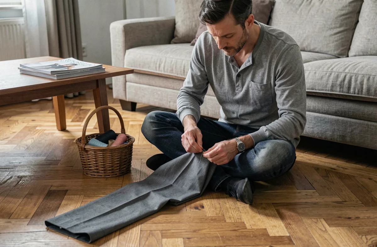 Homme faisant des retouches couture à la main sur un pantalon dans son salon, symbolisant l'optimisation du budget couture à domicile