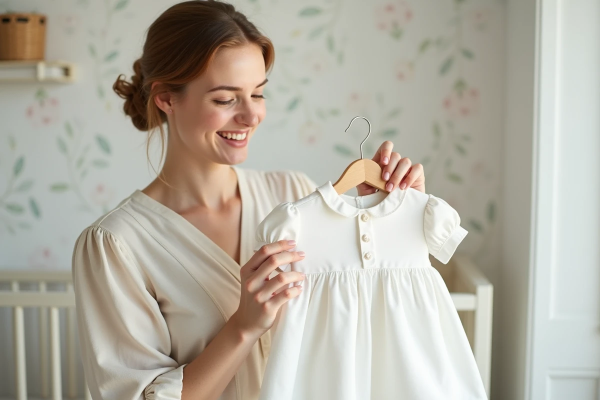 Mère tenant une robe de baptême en coton bio blanc sur cintre dans une chambre de bébé lumineuse, texture douce du tissu visible en gros plan