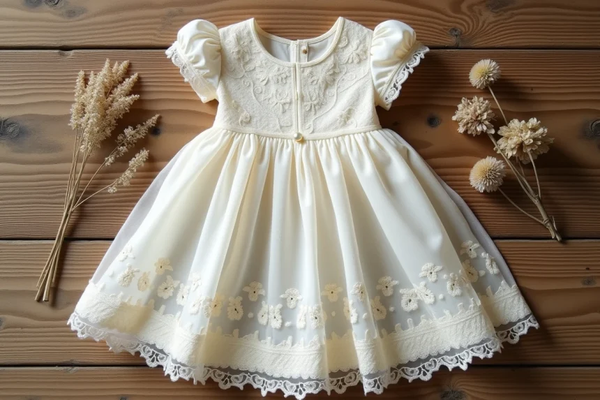 Robe de baptême en dentelle ivoire posée à plat sur une table en bois rustique, détail du motif floral brodé et boutonnage nacre