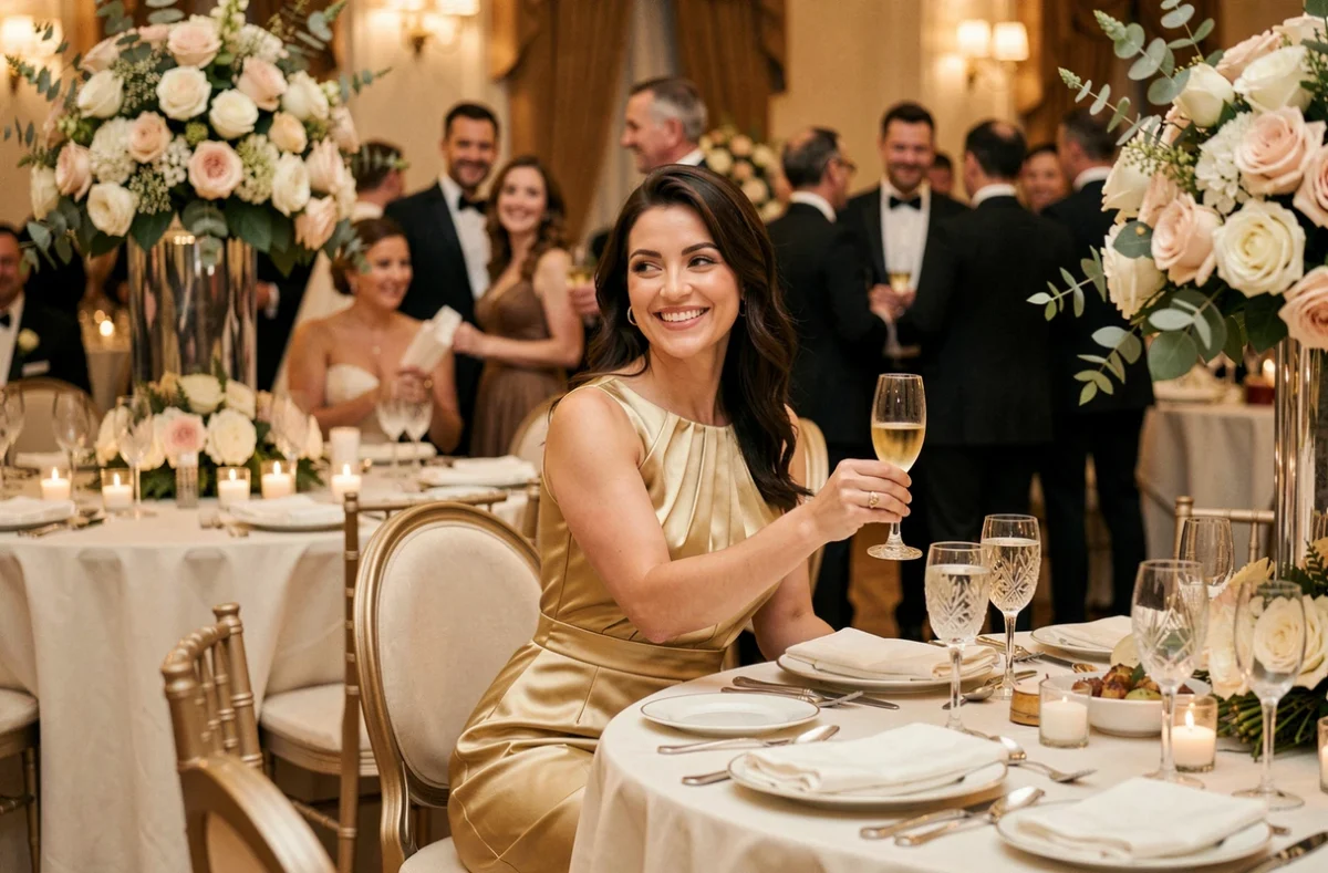 Invitée en robe dorée courte assise à une table de réception de mariage élégante