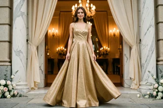 Femme élégante en robe de soirée dorée longue à l'entrée d'un lieu de mariage luxueux