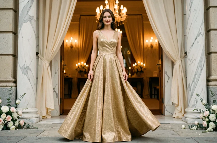 Femme élégante en robe de soirée dorée longue à l'entrée d'un lieu de mariage luxueux