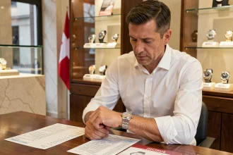 Homme examinant une montre Rolex neuve dans une boutique de montres de luxe en Suisse avec catalogue de prix