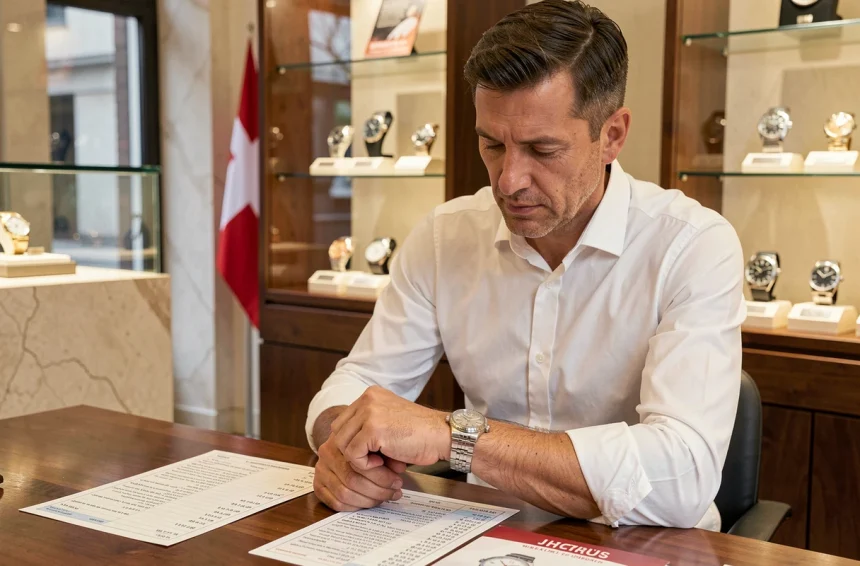 Homme examinant une montre Rolex neuve dans une boutique de montres de luxe en Suisse avec catalogue de prix