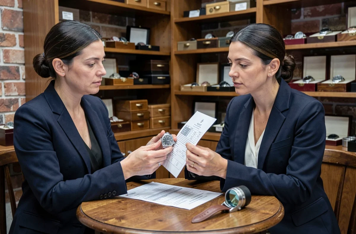 Femme comparant une Rolex d'occasion avec un certificat d'expertise dans une boutique de montres seconde main à Zurich