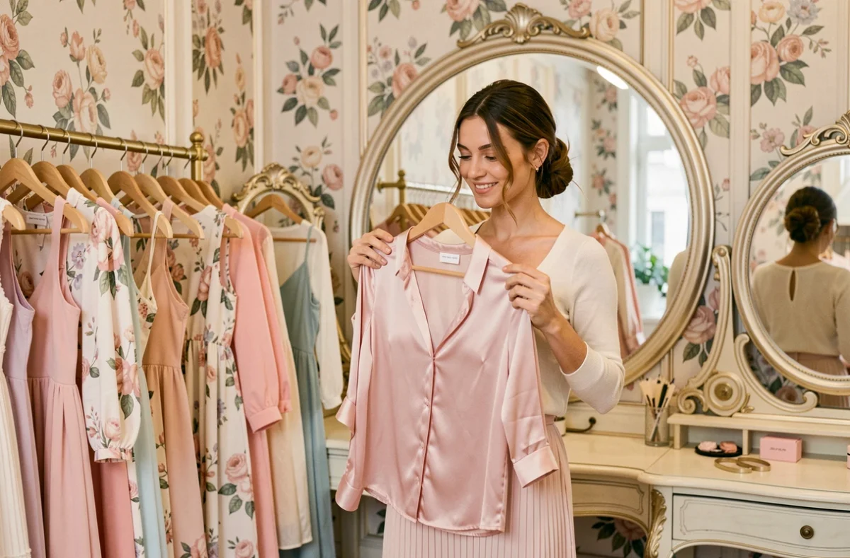Intérieur romantique de la boutique Rose Framboise à Strasbourg avec des vêtements féminins aux teintes pastel sur des portants vintage