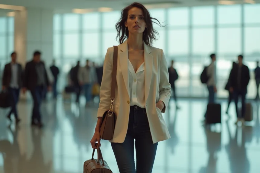 Femme portant un sac à main de voyage léger en cuir taupe dans un aéroport international moderne