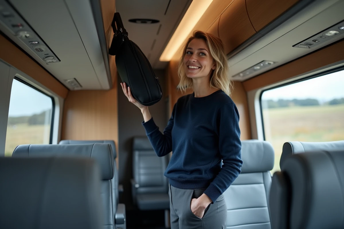 Femme rangeant facilement un sac de voyage léger en tissu technique dans le compartiment d'un train moderne