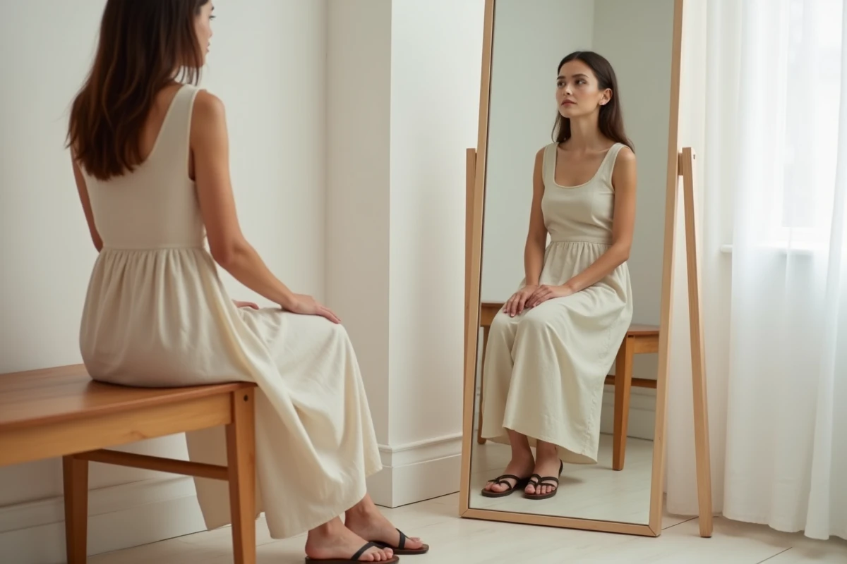 Petite femme en robe longue beige assise avec des sandales à bride de cheville qui raccourcissent la silhouette, exemple d'erreur de style à éviter