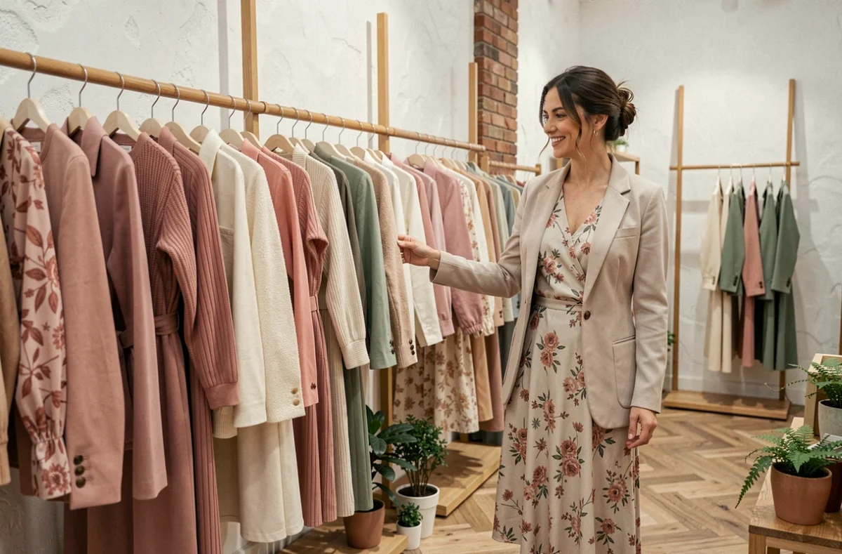 Intérieur de la boutique Scarlett & Joe à Nancy avec une cliente parcourant des vêtements féminins sur des portants minimalistes