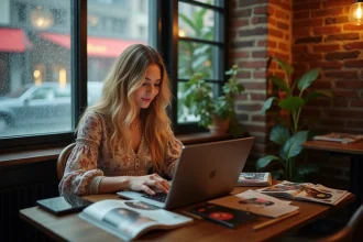 Jeune femme blonde consultant un site fan dédié à Suki Waterhouse dans un café vintage avec vinyles et magazines de mode