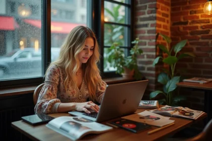Jeune femme blonde consultant un site fan dédié à Suki Waterhouse dans un café vintage avec vinyles et magazines de mode