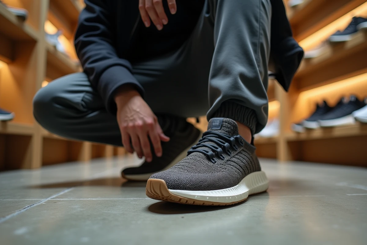 Collectionneur de sneakers présentant des chaussures inspirées des sandales waraji traditionnelles japonaises dans une boutique minimaliste de Tokyo