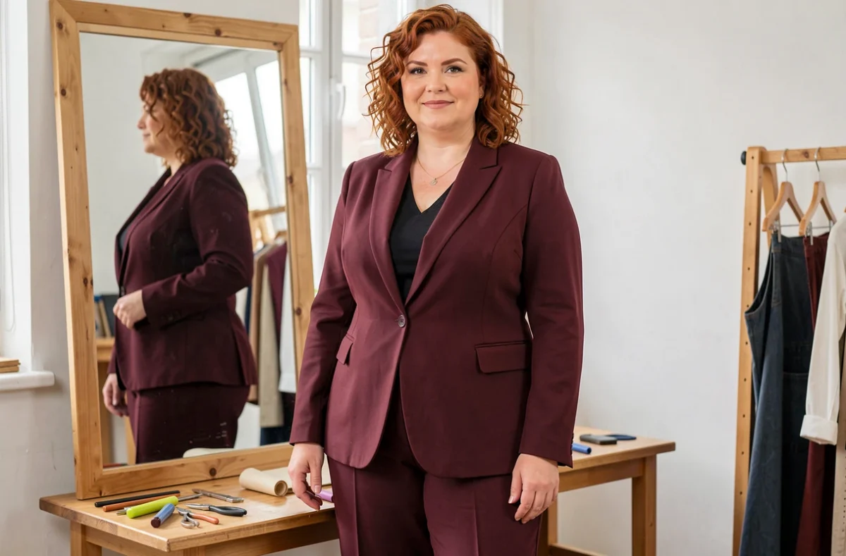 Femme grande taille portant un costume sur mesure bordeaux créé par Sonia Bozin dans un atelier lumineux
