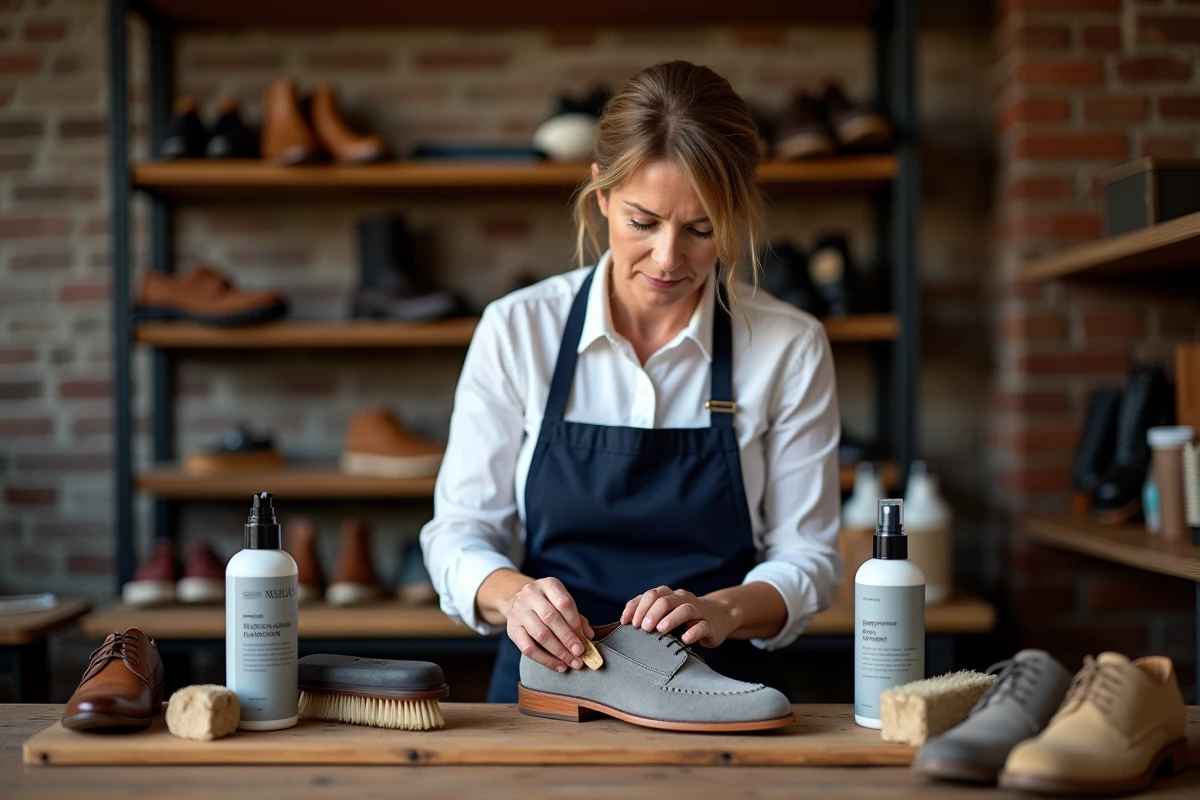 Spécialiste de l'entretien des chaussures appliquant un spray rénovateur sur un mocassin en daim gris dans un atelier professionnel avec des produits adaptés