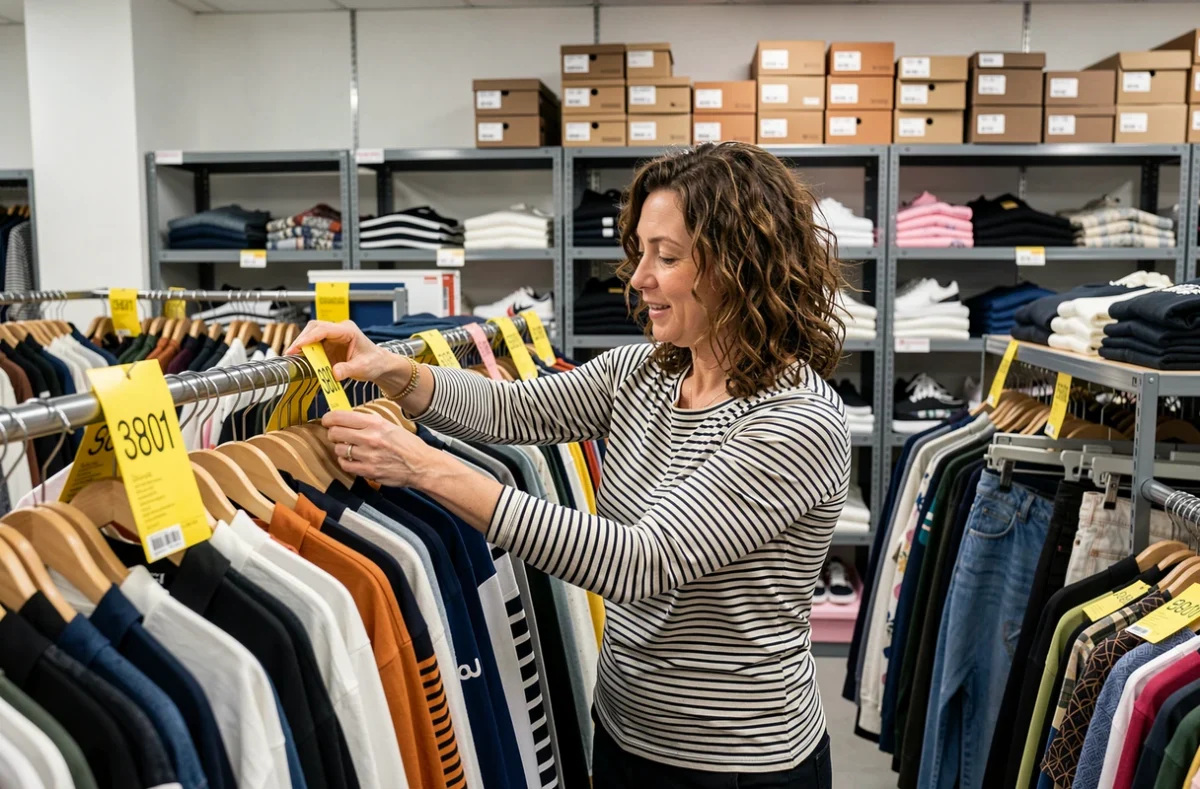 Femme faisant des bonnes affaires mode dans un magasin Stokomani de déstockage à Grenoble