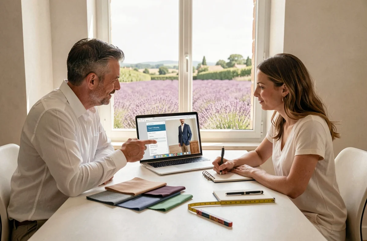 Couple utilisant la plateforme TailleurLux sur ordinateur pour trouver un tailleur sur mesure en PACA avec des échantillons de tissu sur le bureau