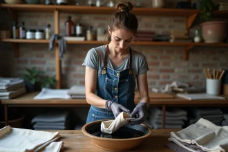 Femme teignant un tissu coton en noir dans un atelier artisanal avec des gants de protection et un bol de teinture