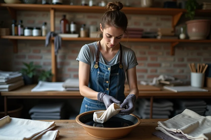 Femme teignant un tissu coton en noir dans un atelier artisanal avec des gants de protection et un bol de teinture