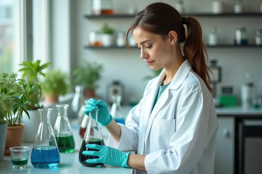 Technicienne textile versant un colorant naturel écologique dans un bécher en laboratoire de teinture responsable