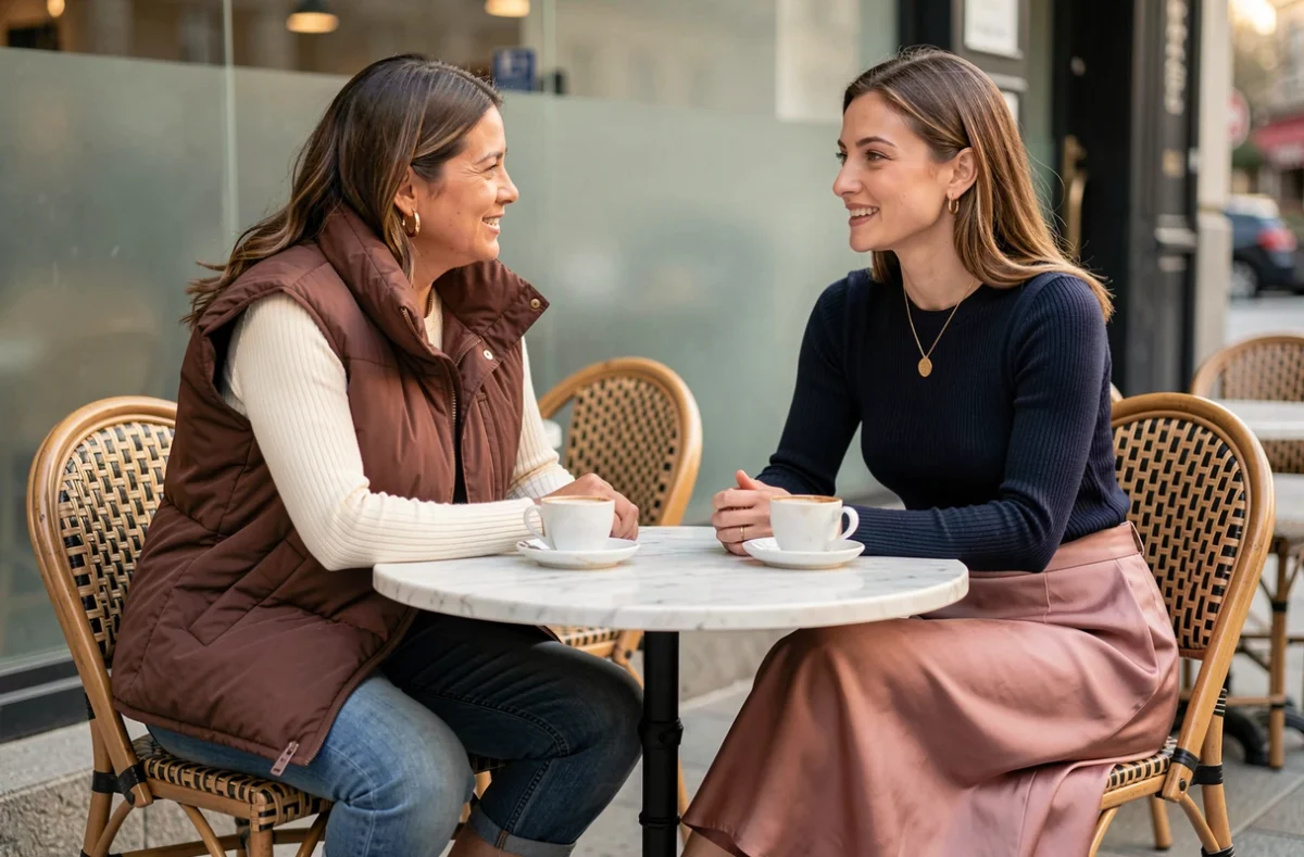 Deux femmes en tenues tendance 2026 — veste matelassée et jupe midi — à la terrasse d'un café parisien