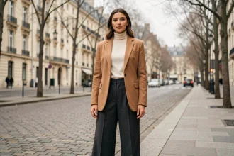Femme élégante en blazer camel oversize et pantalon large charbon, tendances mode 2026 à Paris