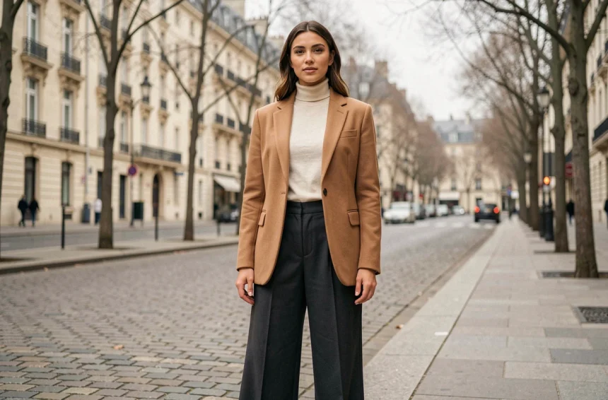 Femme élégante en blazer camel oversize et pantalon large charbon, tendances mode 2026 à Paris