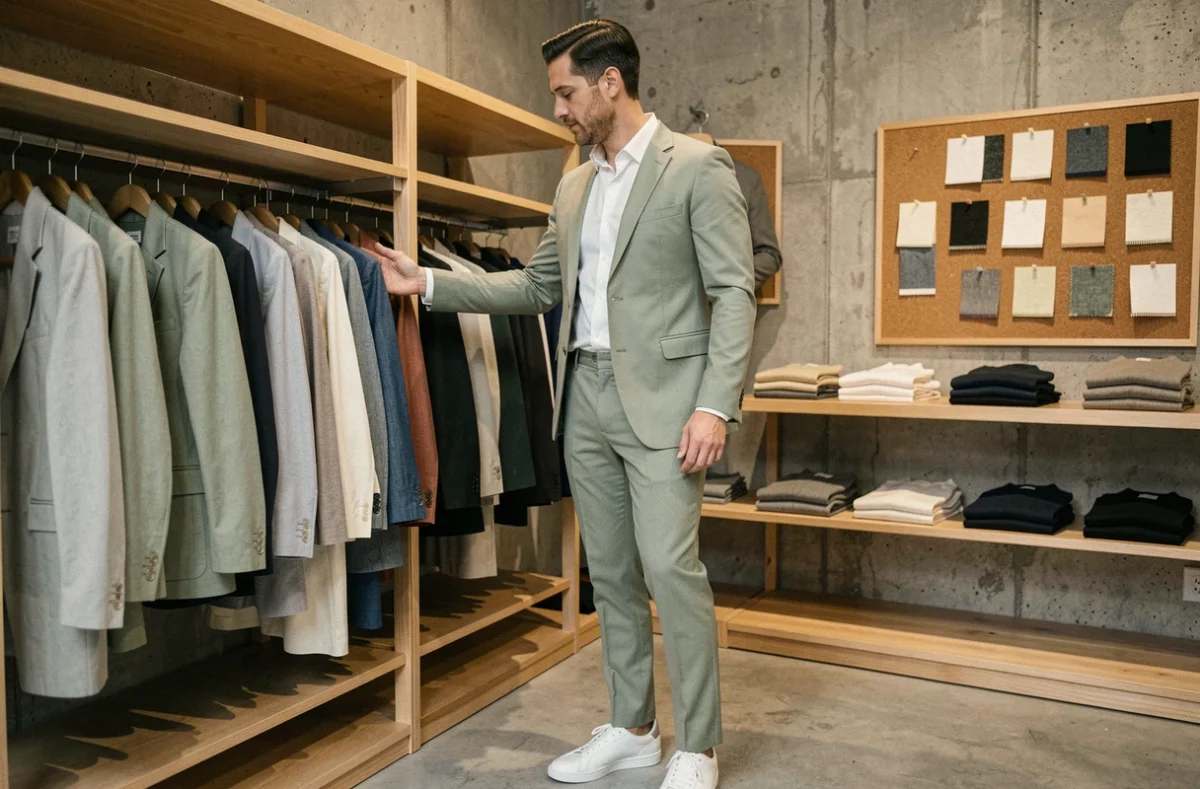 Homme en costume vert sauge et sneakers blanches dans un concept store tendance mode 2026